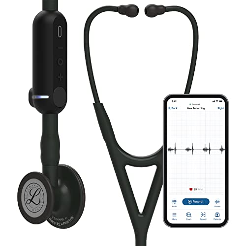 Un stéthoscope numérique associé à une application mobile affichant un tracé enregistré du rythme cardiaque — exemple de technologie de dispositif médical logiciel