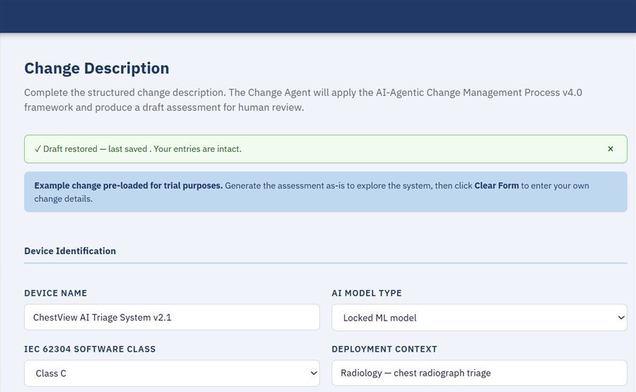 Écran de description du changement d’AIaCMP pour l’évaluation d’un changement sur un dispositif médical à IA