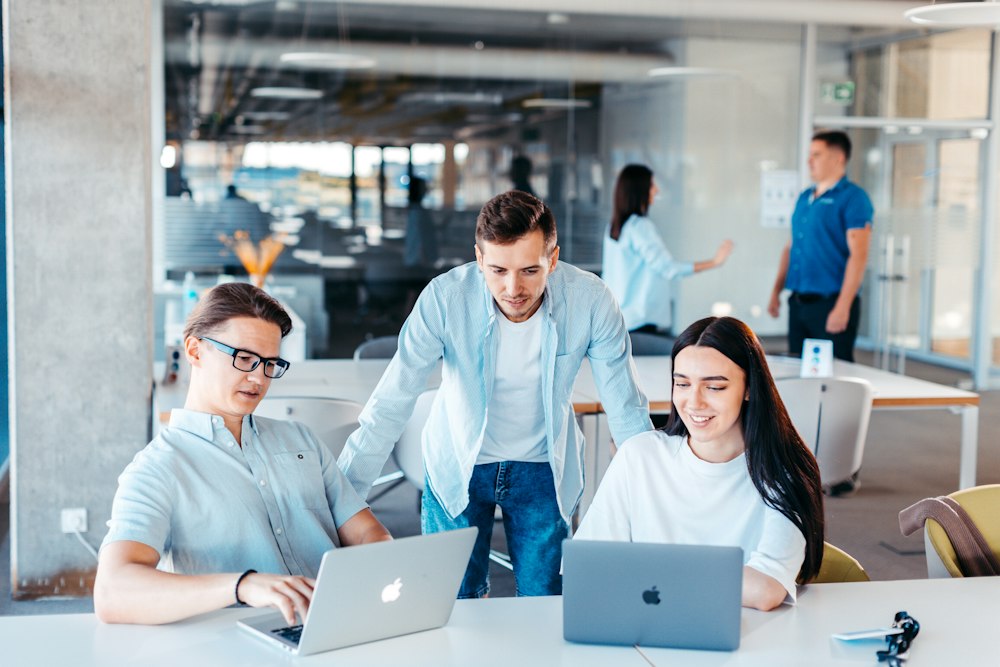 Colleagues working together on laptops in an open-plan office